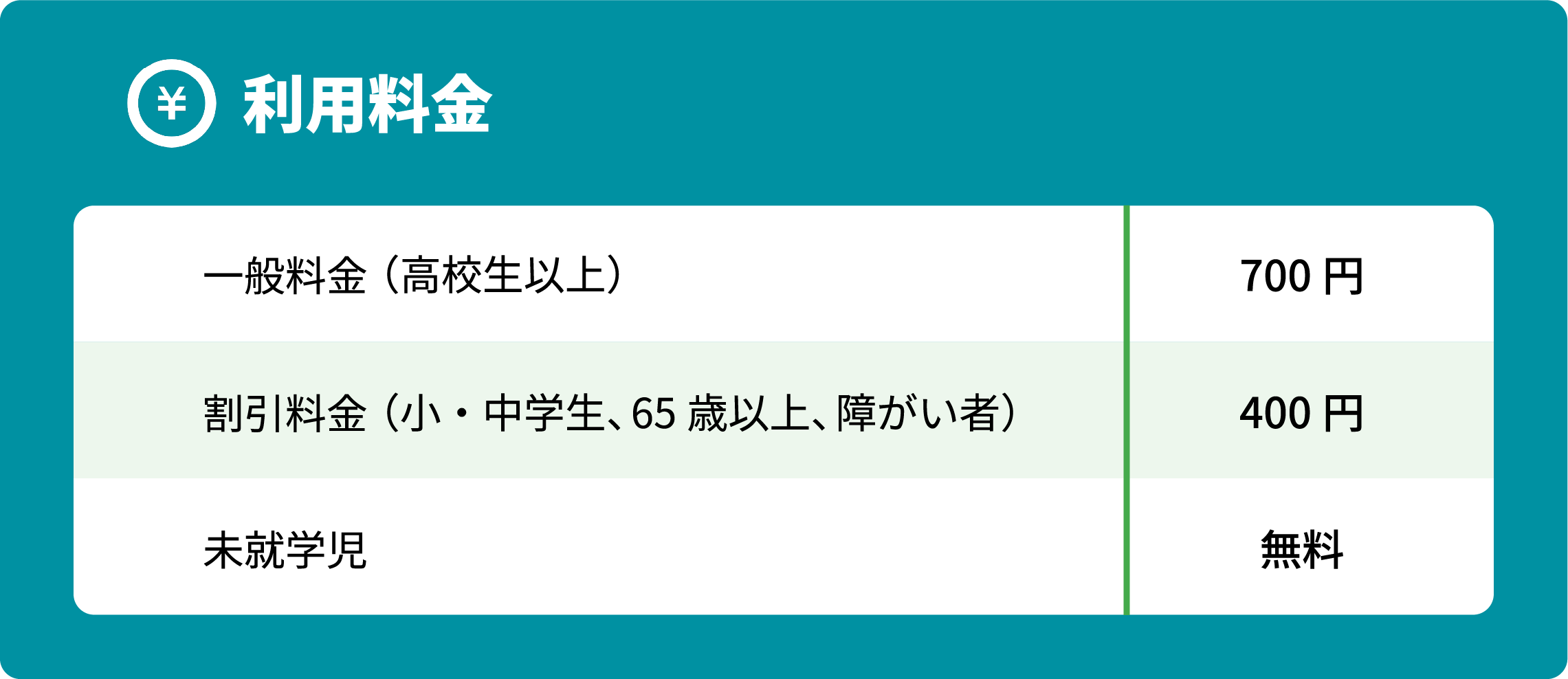 利用料金：一般料金・割引料金・未就学児